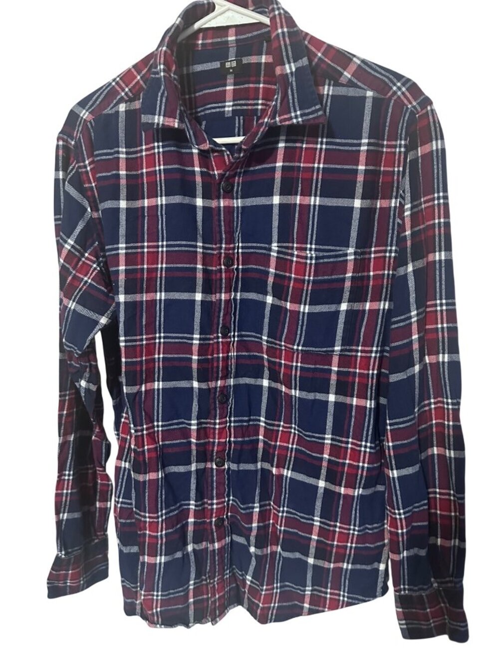 Uniqlo blue red and white plaid button up shirt size M